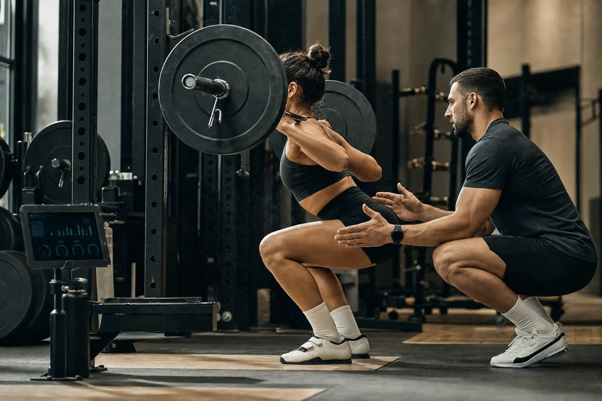 Coach correcting an athlete during a squat in a premium training facility